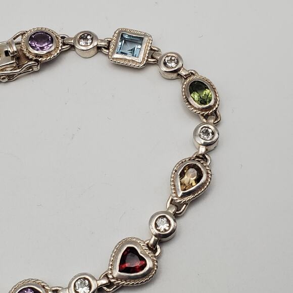 Colorful Multigemstone Sterling Silver 925 Link Tennis Bracelet 6.75" - Picture 3 of 7